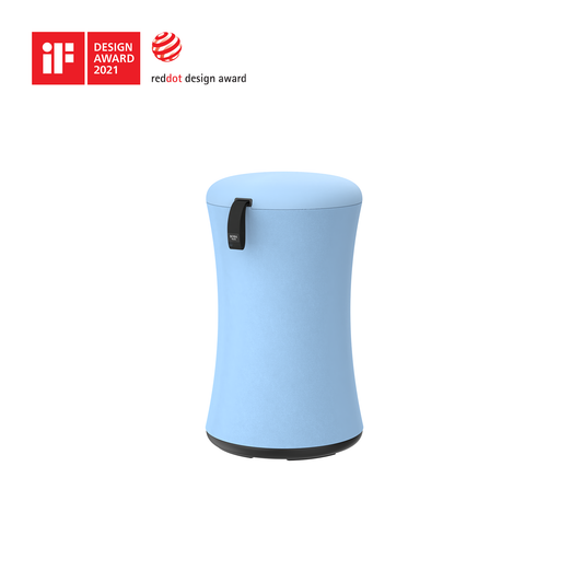 Light blue cylindrical product with black base and handle on a white background, featuring iF Design Award and Red Dot Design Award logos.