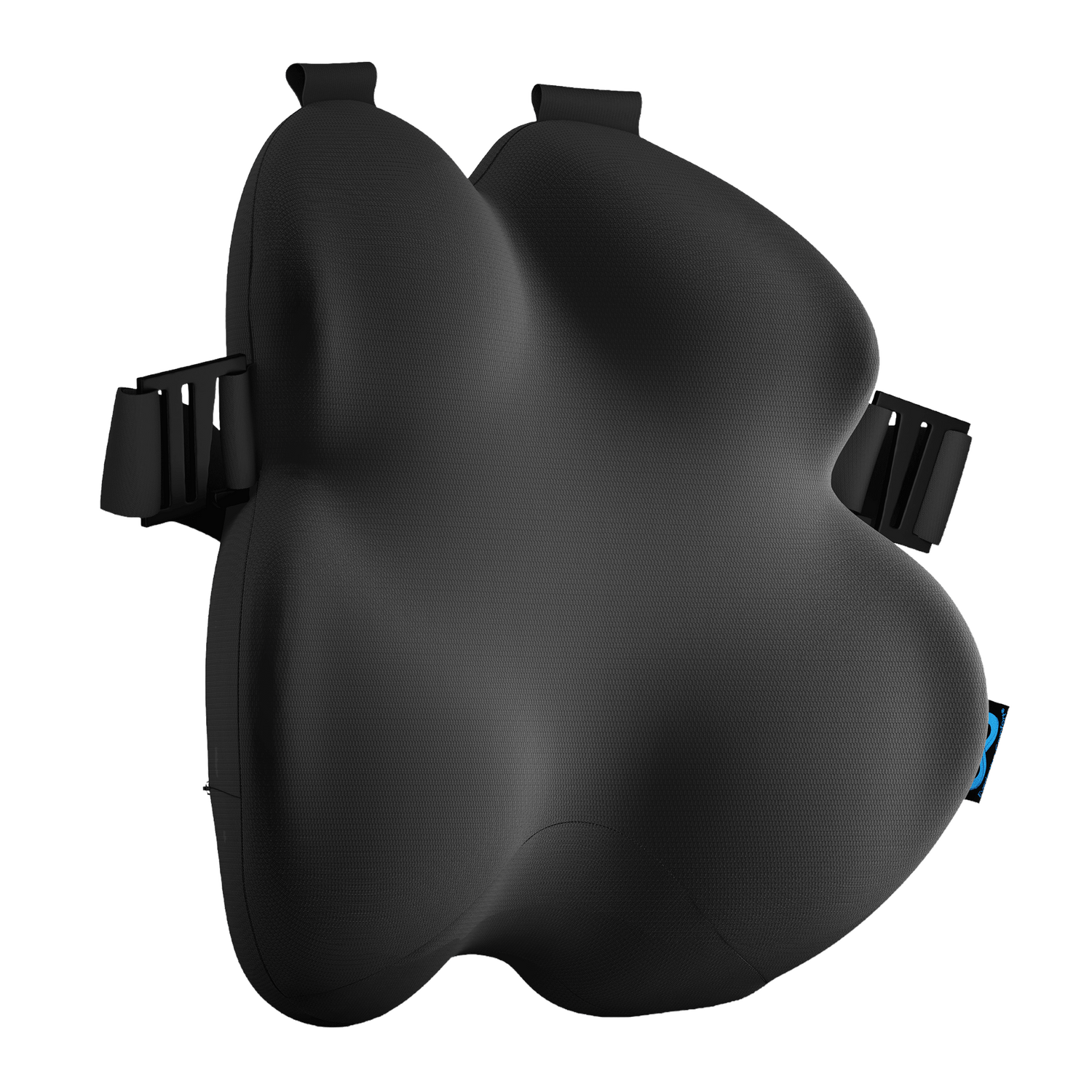 Black motorcycle seat with attached foot pegs on a white background