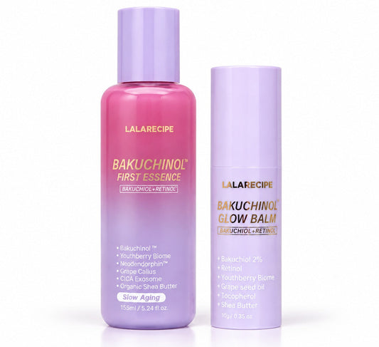 Two Lalarecipe skincare bottles on a white background: a pink-to-lavender gradient bottle labeled Bakuchinol First Essence and a lavender cylindrical bottle labeled Glow Balm.