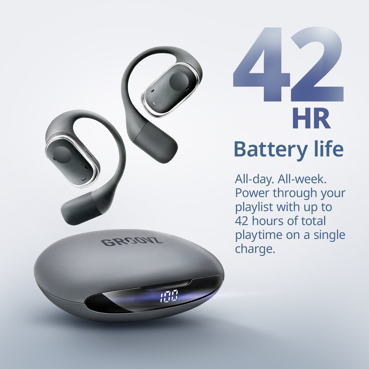 Gray wireless earbuds with charging case and '42 HR Battery Life' text on a light gray background