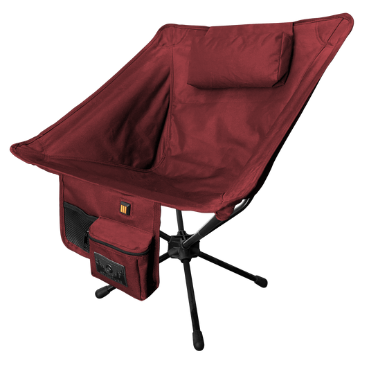Red camping chair with black legs on a white background