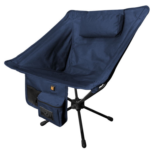 Blue camping chair with a black stand on a white background