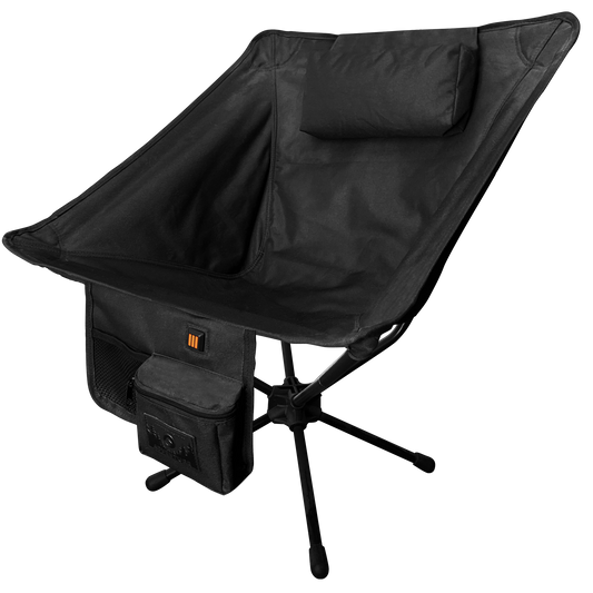 Black camping chair with a small bag attached on a white background