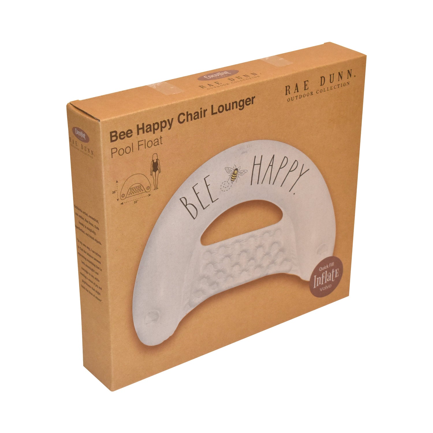 Box packaging of a 'Bee Happy Chair Lounger' pool float with 'Rae Dunn' branding.