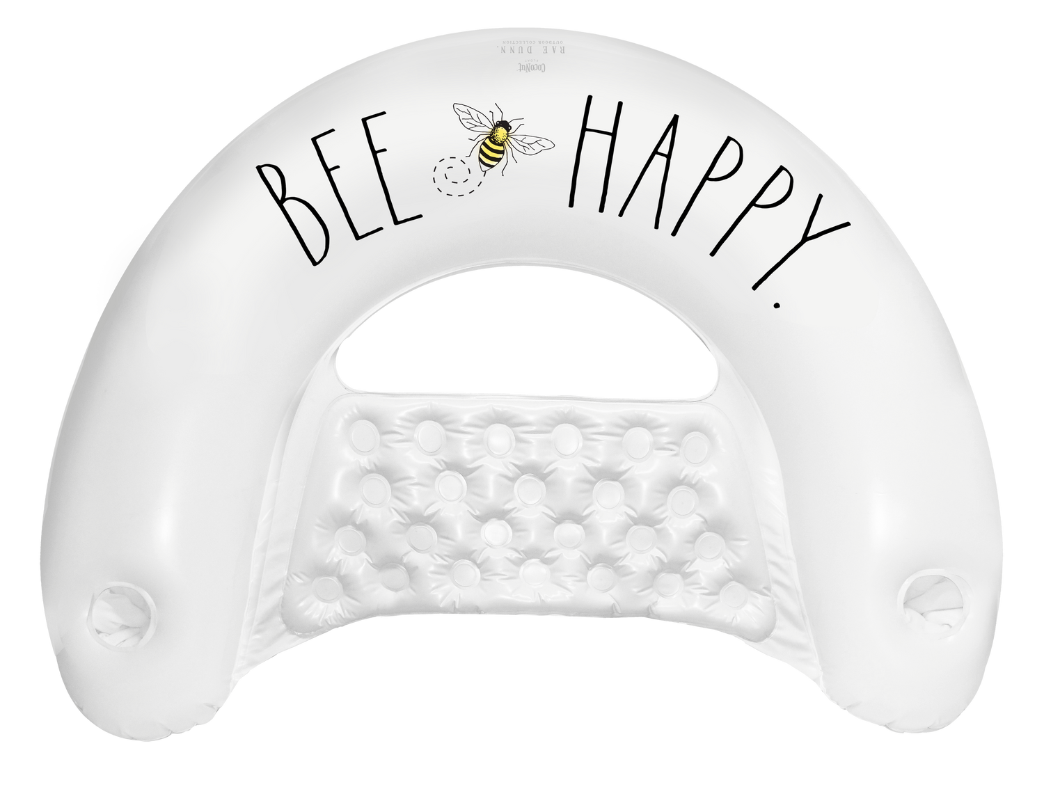 White teething ring with 'BEE HAPPY' text and a bee illustration on a white background