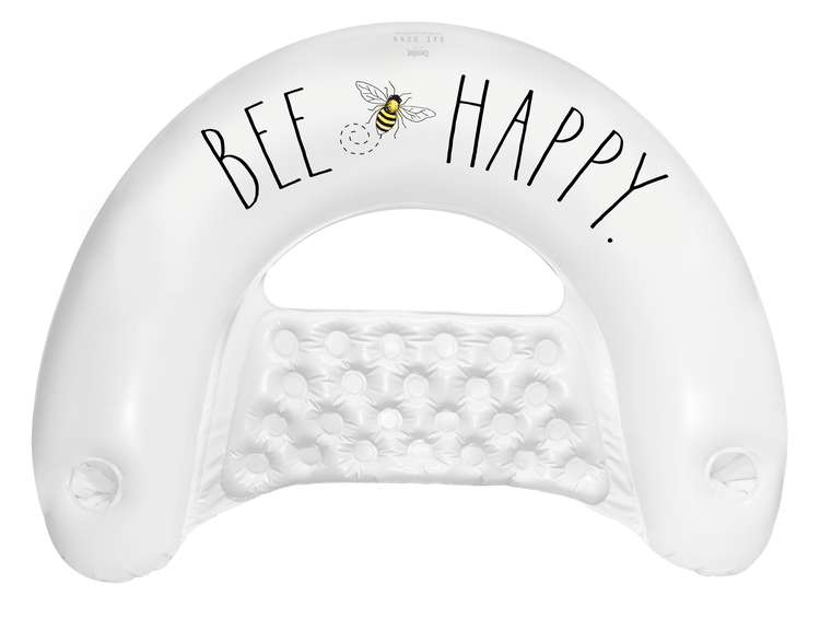 White teething ring with 'BEE HAPPY' text and a bee illustration on a white background
