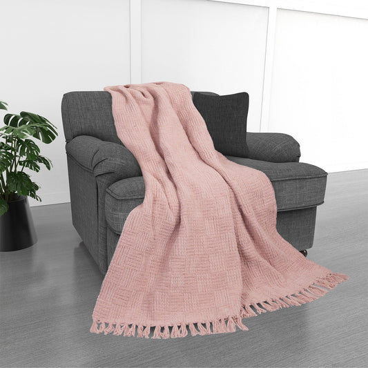 Kathy Ireland Oversized Chenille Fringed Basket Throw 50” X 70” - Blush