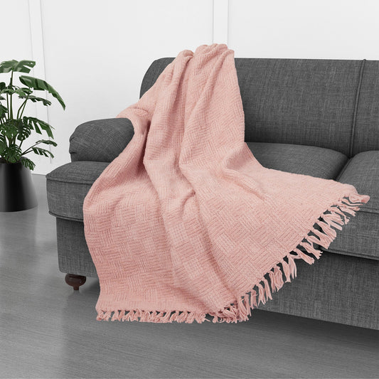 Kathy Ireland Oversized Chenille Fringed Basket Throw 50” X 70” - Blush