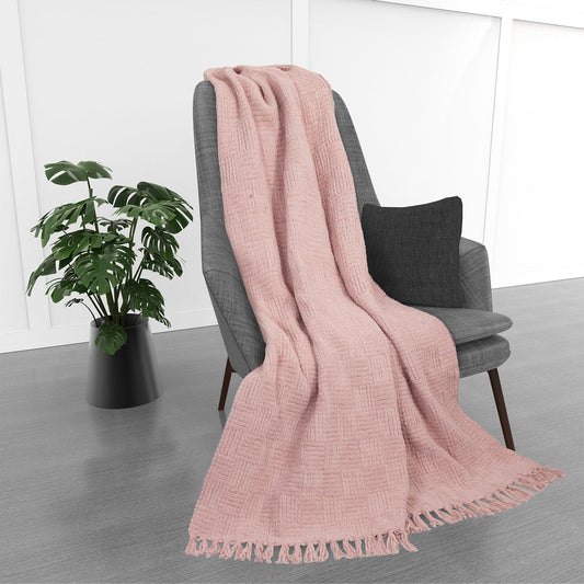 Kathy Ireland Oversized Chenille Fringed Basket Throw 50” X 70” - Blush