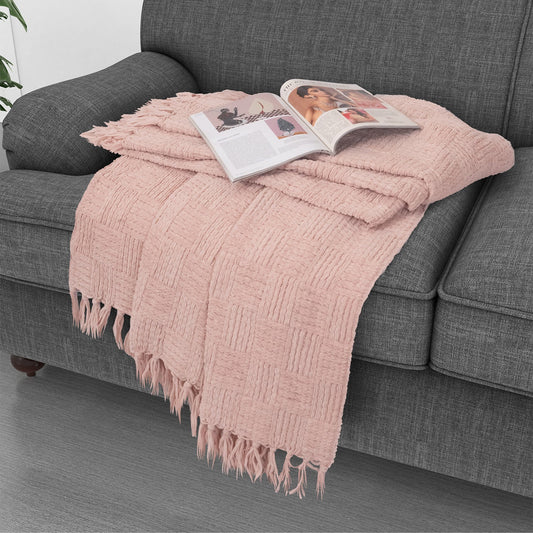 Kathy Ireland Oversized Chenille Fringed Basket Throw 50” X 70” - Blush
