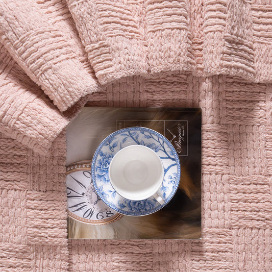 Kathy Ireland Oversized Chenille Fringed Basket Throw 50” X 70” - Blush