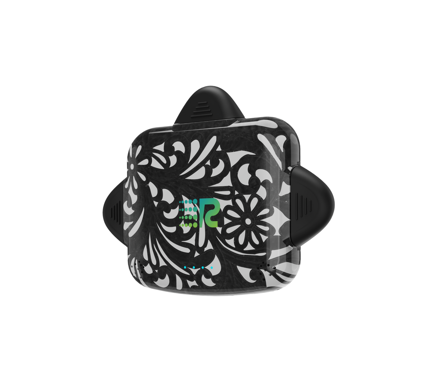 Black and white floral-patterned product with a brand logo on a white background
