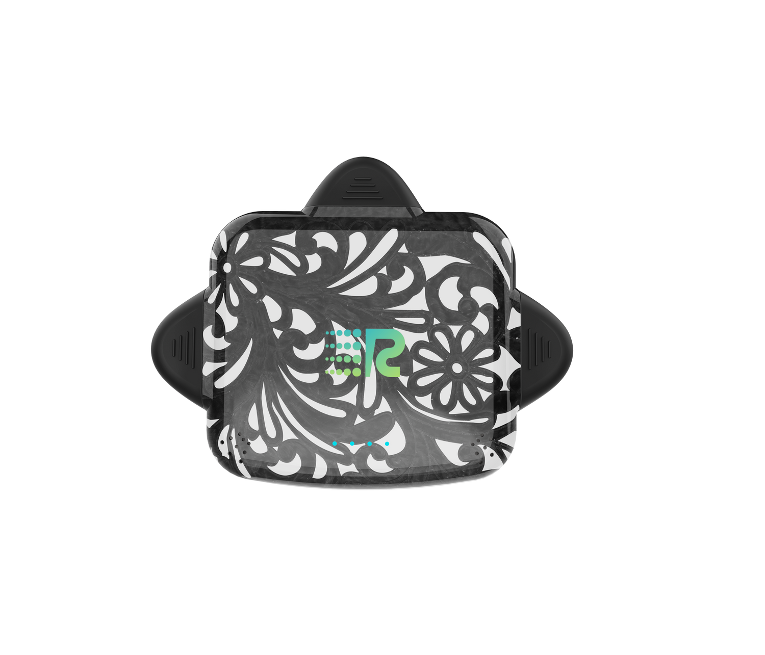 Black and white patterned product with a brand logo on a white background