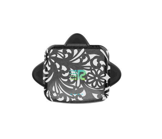Black and white patterned product with a brand logo on a white background