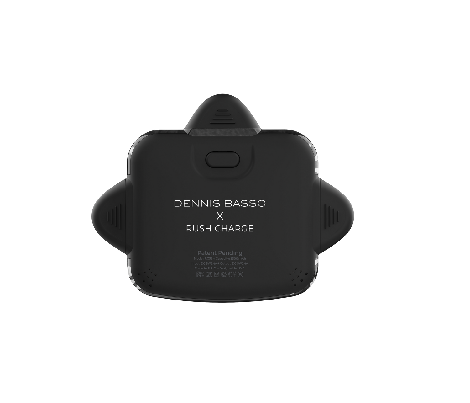 Black electronic device with 'Dennis Basso x Rush Charge' branding on a white background