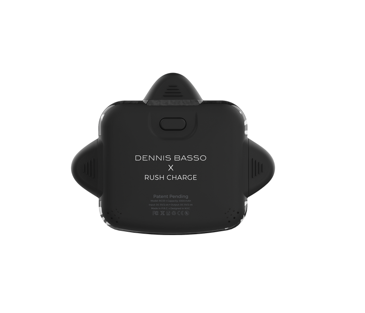 Black electronic device with 'Dennis Basso x Rush Charge' branding on a white background