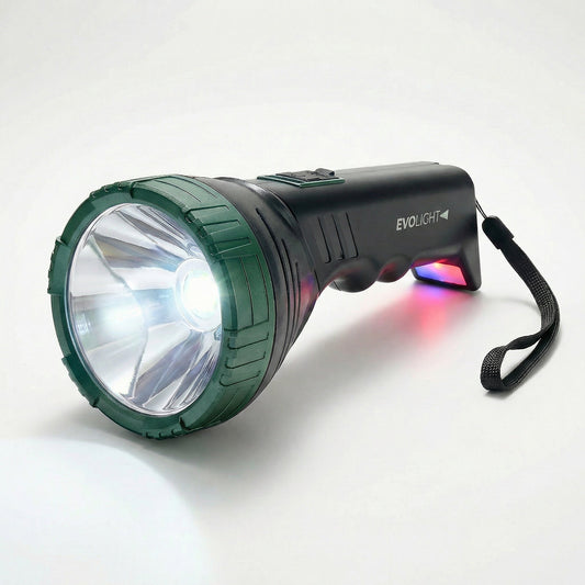 Green and black flashlight with 'Evolight' branding on a white background