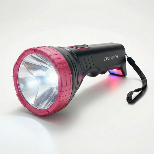 Pink and black flashlight with 'Evolight' branding on a white background