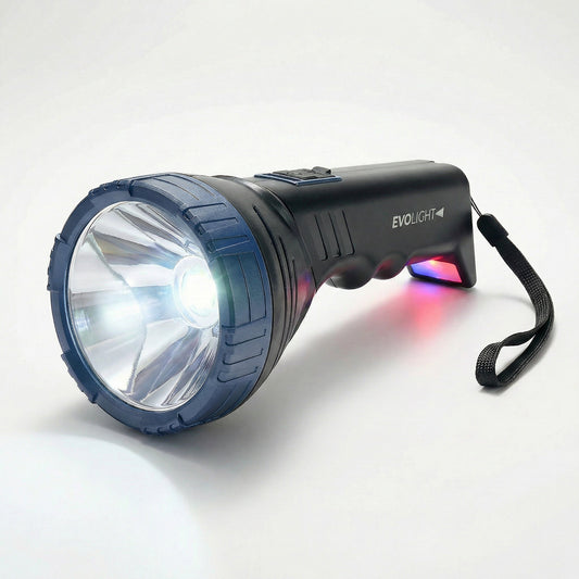 Black flashlight with a strap on a white background, branded 'Evolight'.