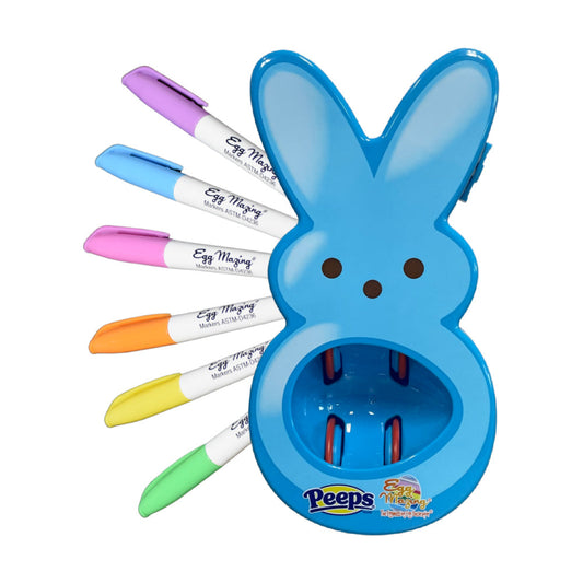 Blue bunny-shaped holder with colorful markers on a white background