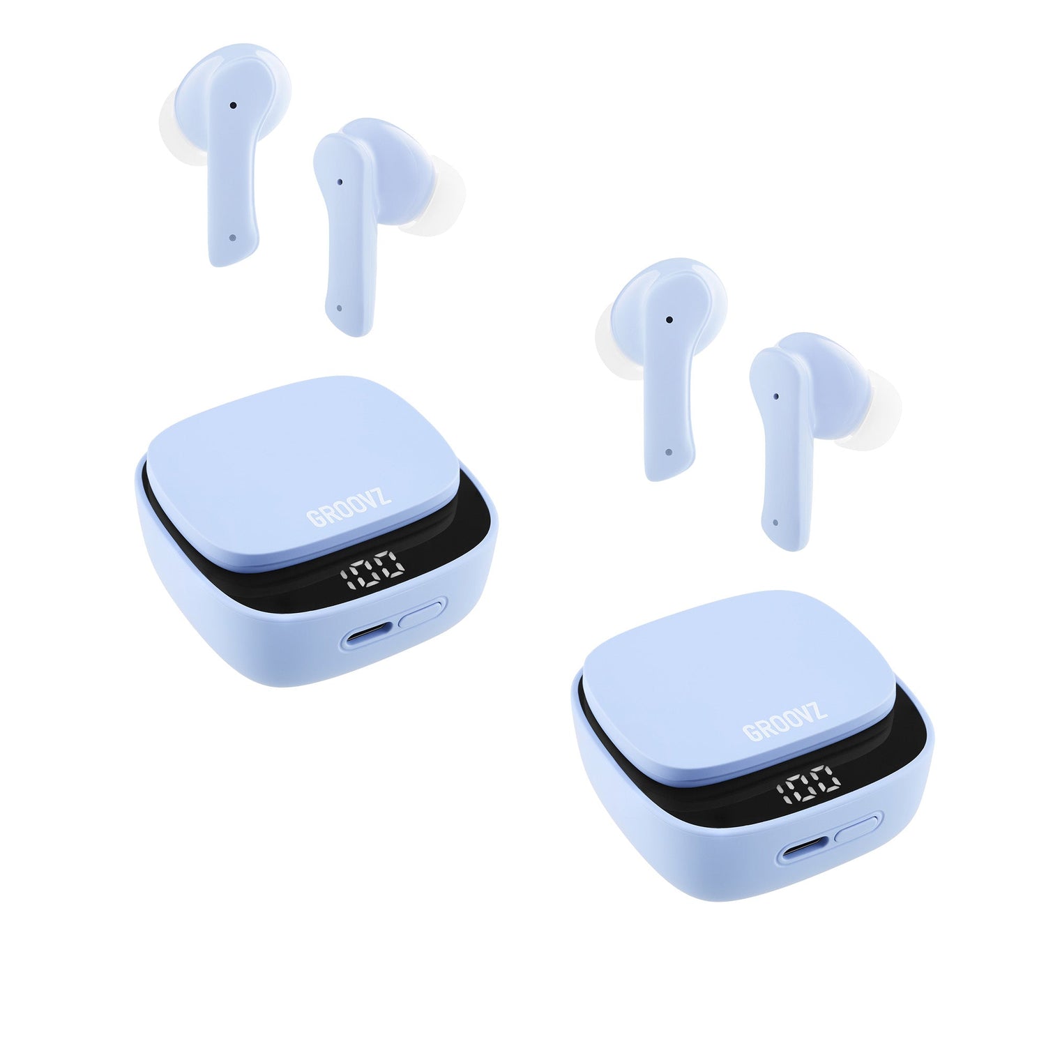 Blue wireless earbuds with charging cases on a white background