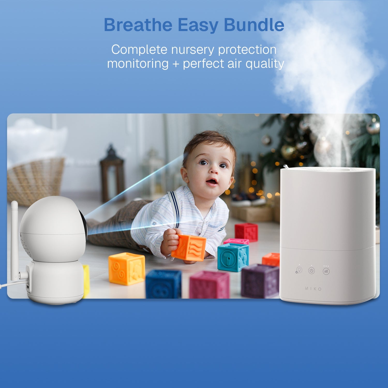 Air quality monitor and diffuser with a child playing in a nursery, labeled 'Breathe Easy Bundle'.