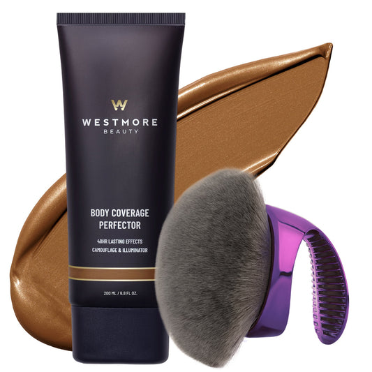 Westmore Beauty Body Coverage Perfector set featuring a dark navy tube, a metallic bronze cream product smear, a large gray makeup brush, and a purple electric massager brush on a white background.