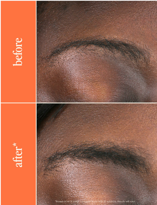 GrandeBrow brow enhancing serum with gold packaging and black applicator on a white background