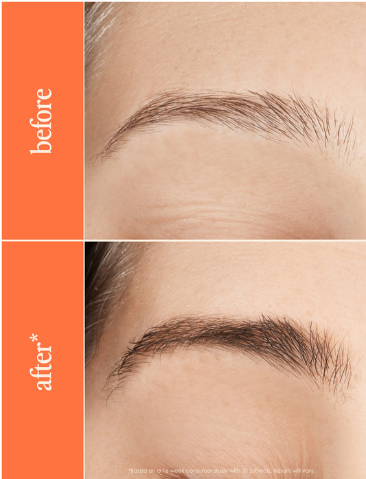 GrandeBrow brow enhancing serum with gold packaging and black applicator on a white background