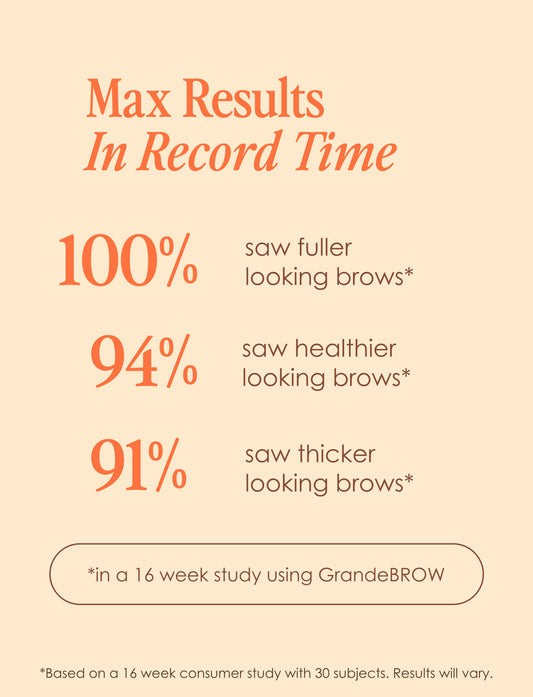 GrandeBrow brow enhancing serum with gold packaging and black applicator on a white background