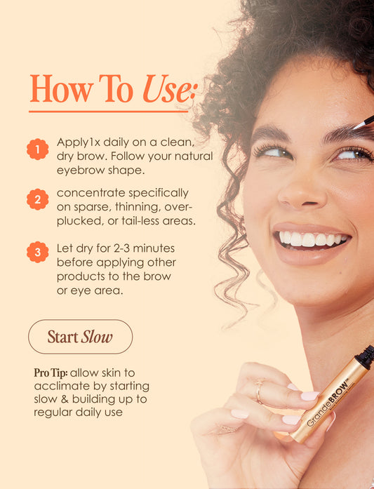 GrandeBrow brow enhancing serum with gold packaging and black applicator on a white background