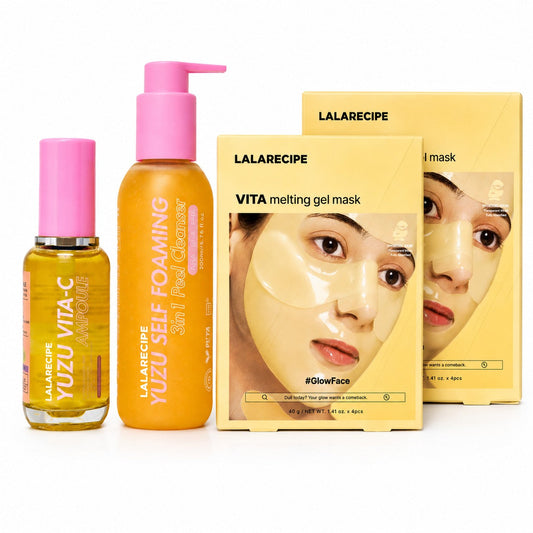 Lalarecipe skincare set featuring a Yuzu Vita-C serum bottle, a Yuzu Self Foaming facial cleanser pump bottle, and two boxes of Vita Melting Gel Mask on a white background.