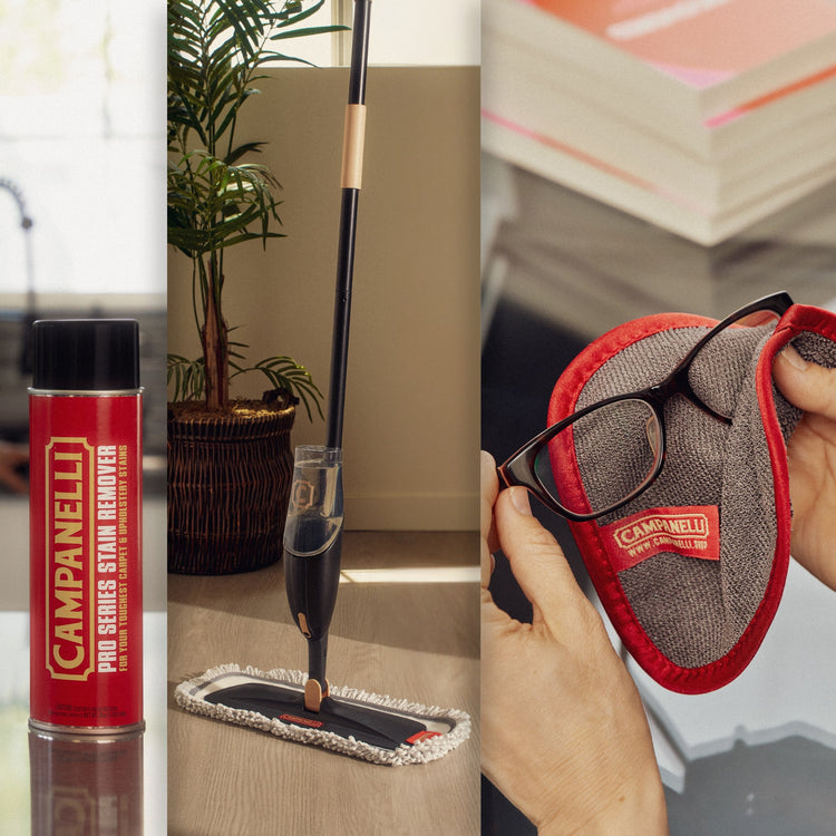 Collage of Campanelli cleaning products including a can, duster, and cleaning pad.