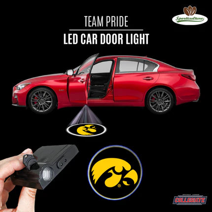 An LED car door light projector with a team logo, held in front of a red car with an open door, illustrating the product's use.
