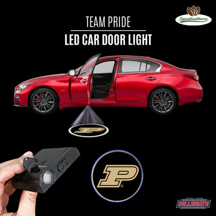 An LED car door light projector with a team logo, held in front of a red car with an open door, illustrating the product's use.