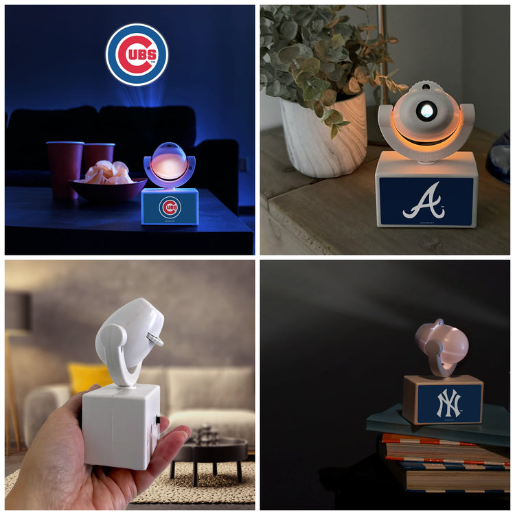 Collage of four night light products with different team logos on a dark background.