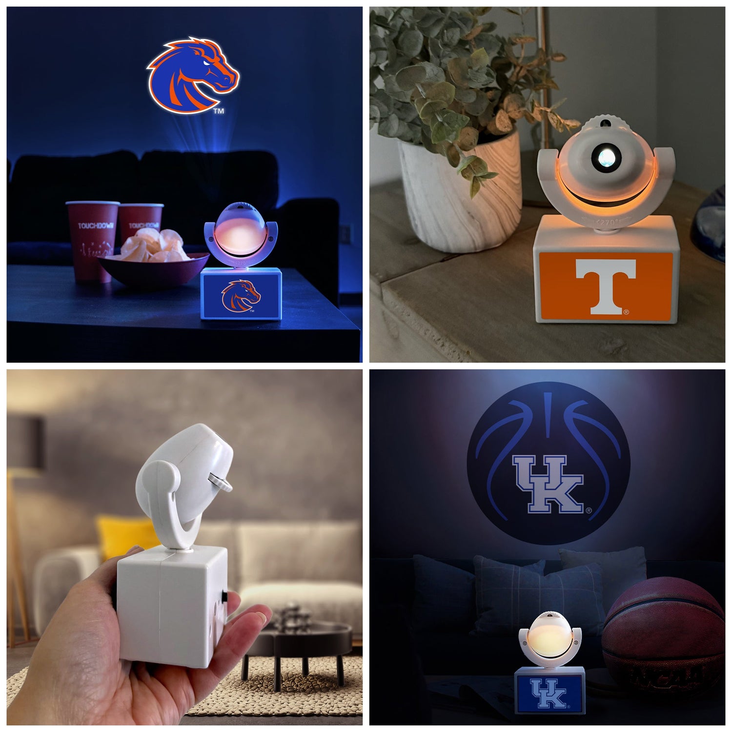 Collage of four night light products with logos and designs.