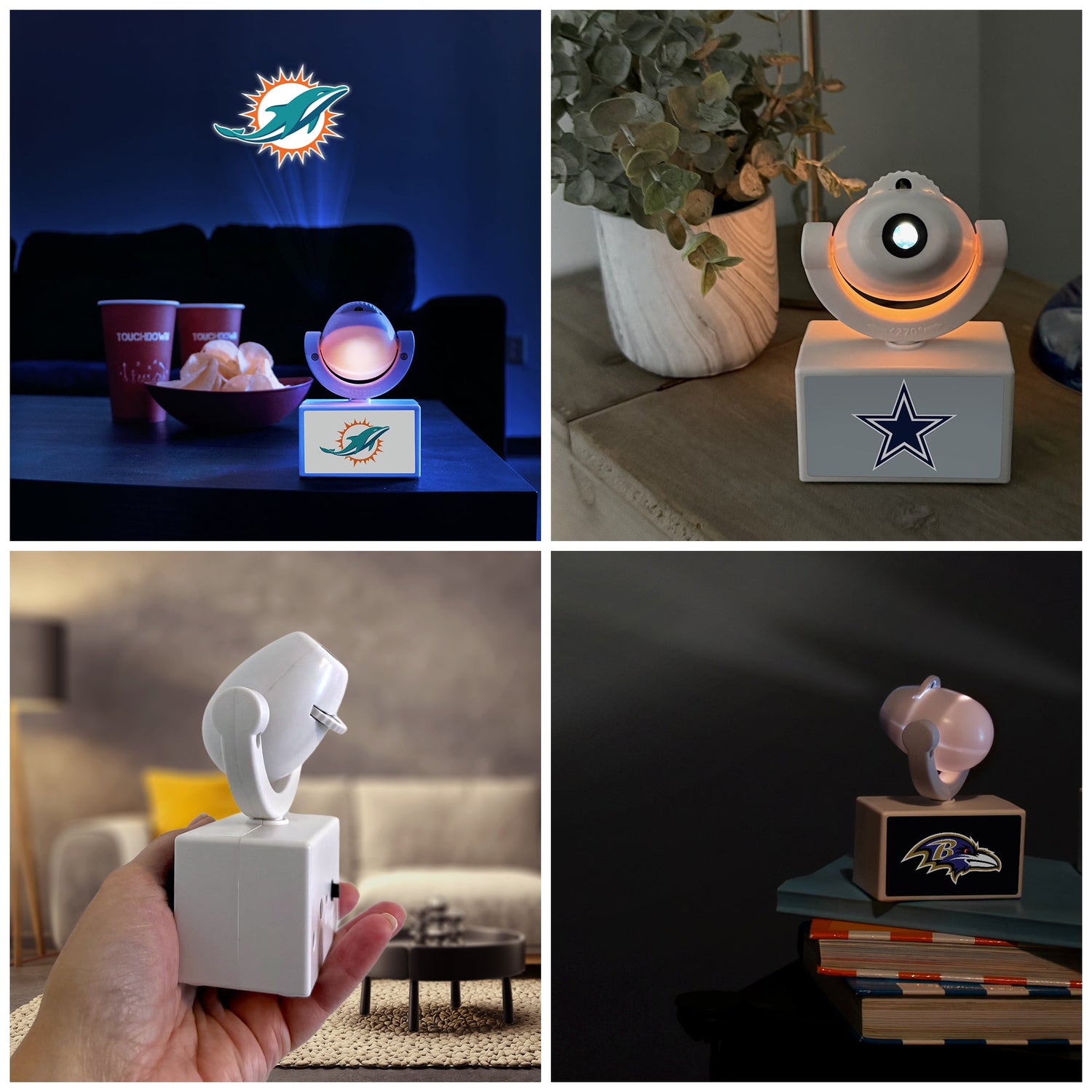 Collage of night lights with sports team logos in various settings.