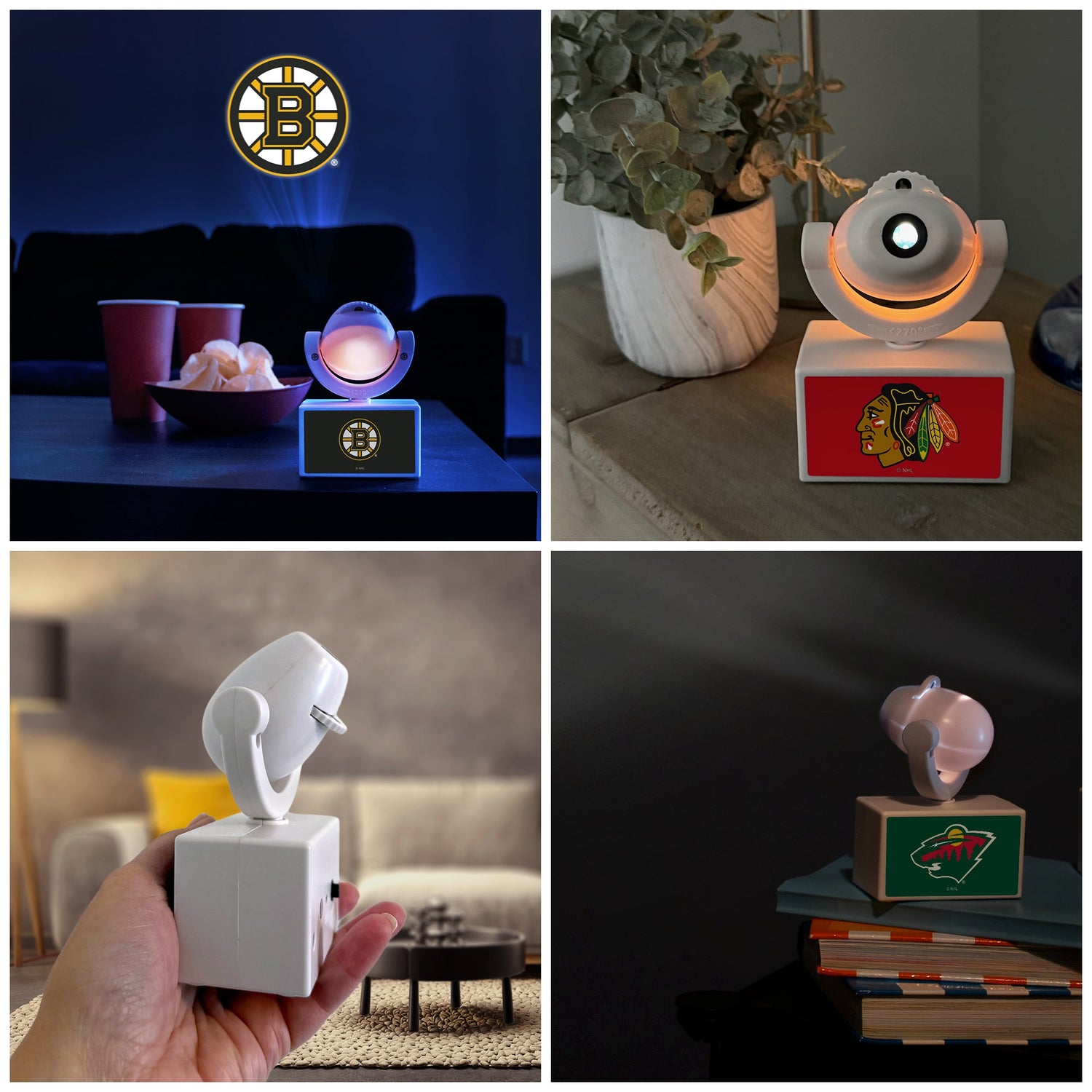 Collage of various night lights with different designs and logos.