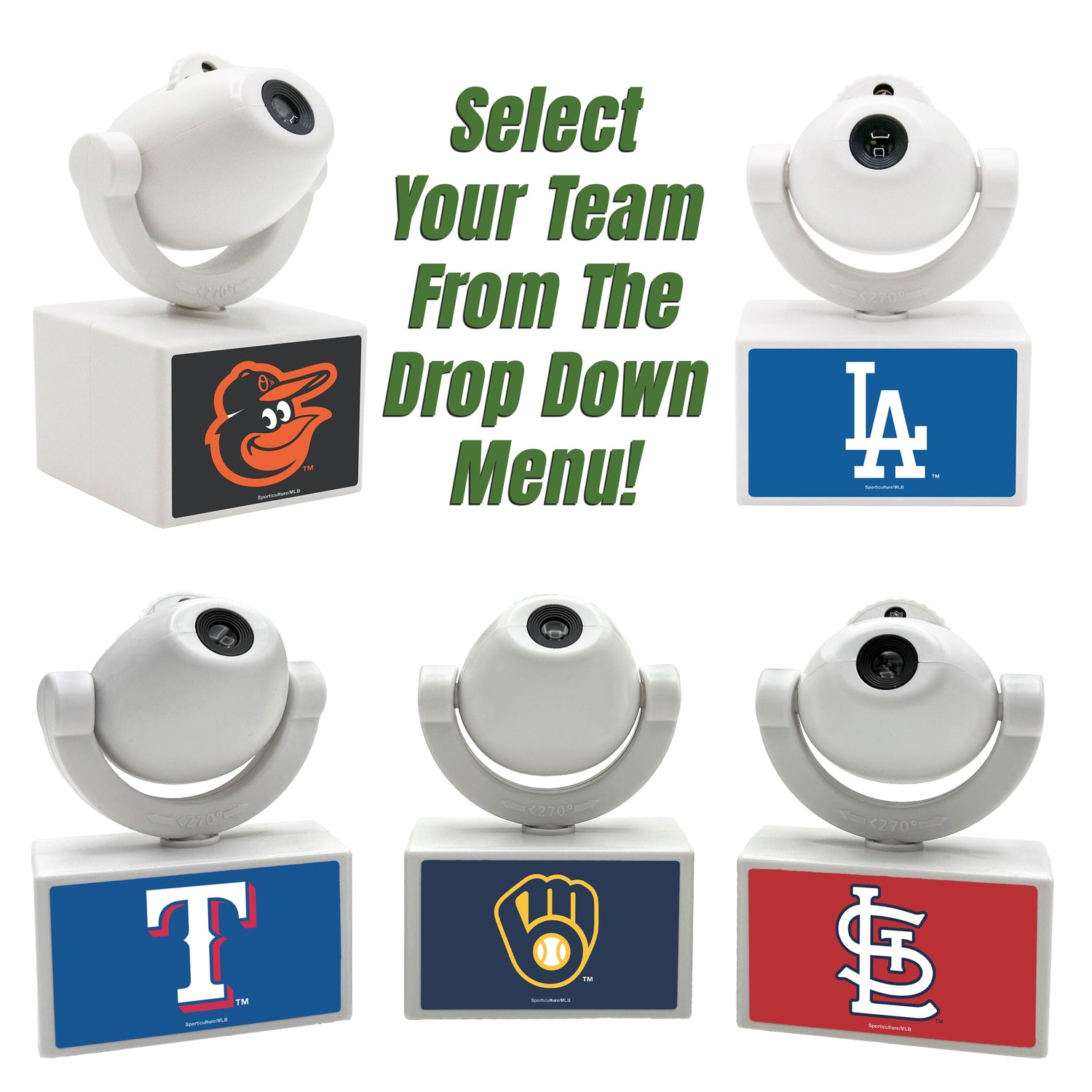 Set of sports team logos on small white stands with text 'Select Your Team From The Drop Down Menu!'.