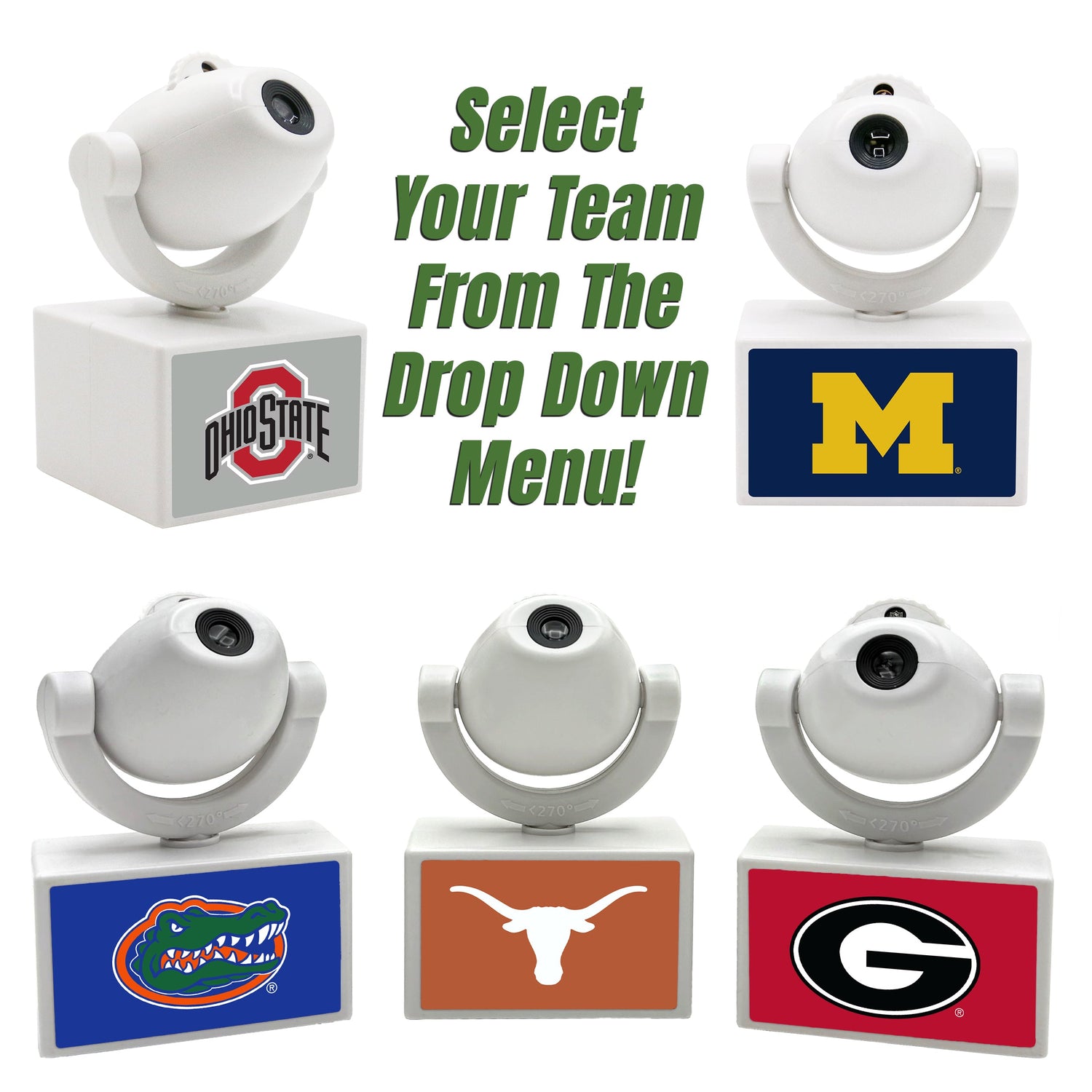Set of sports team logos on small platforms with a camera on top, featuring Ohio State, Michigan, Florida, Texas, and Georgia.