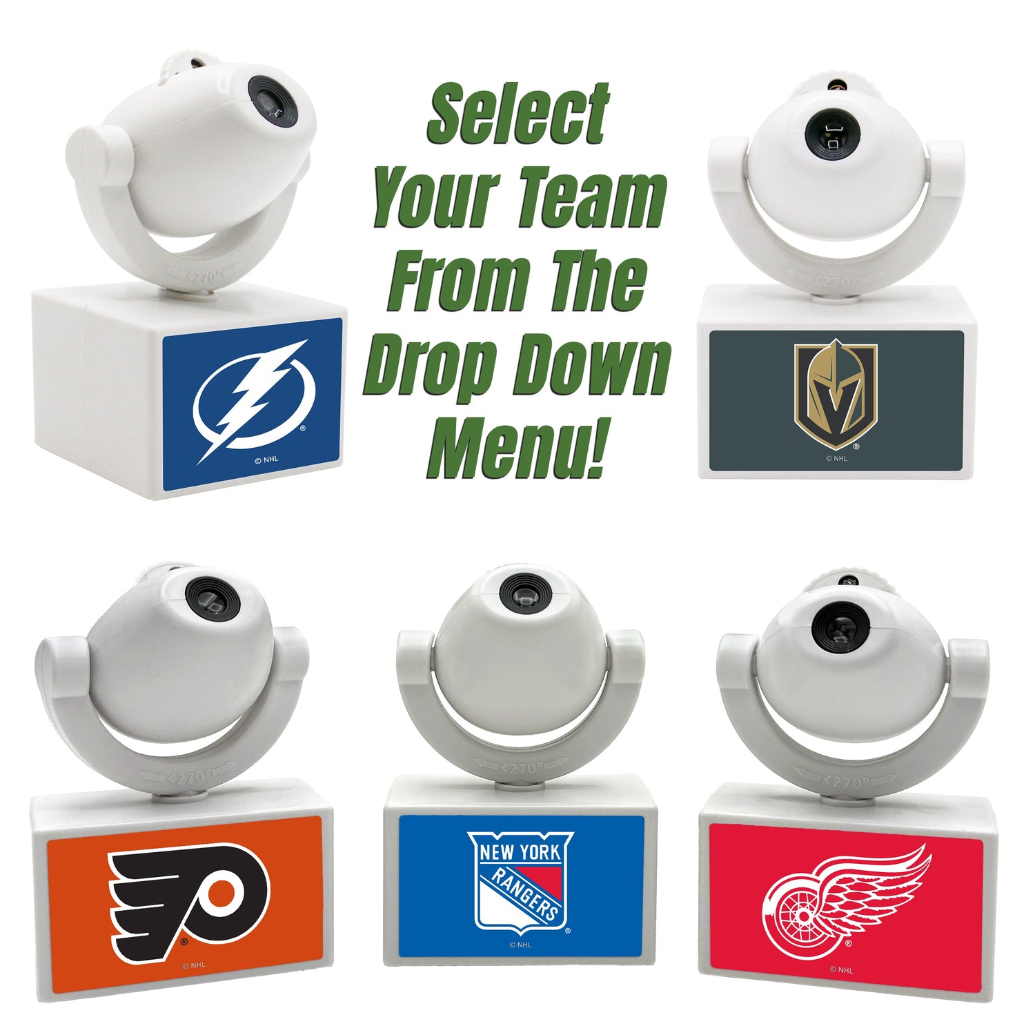 Set of sports team logos on small electronic devices with text 'Select Your Team From The Drop Down Menu!'.