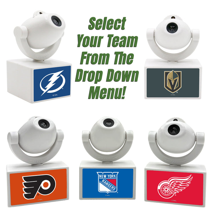 Set of sports team logos on small electronic devices with text 'Select Your Team From The Drop Down Menu!'.