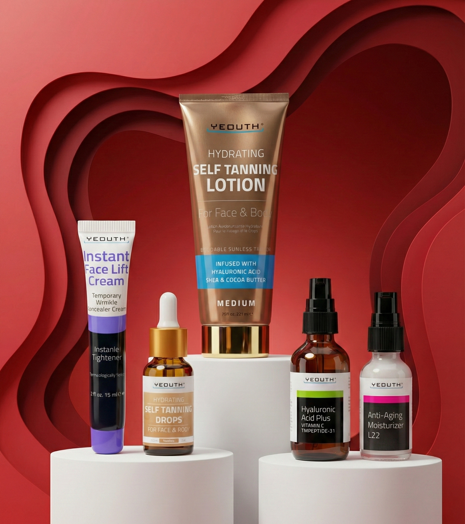Collection of Neuth skincare products on a red and white background