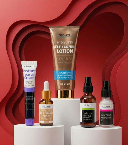 Collection of Neuth skincare products on a red and white background