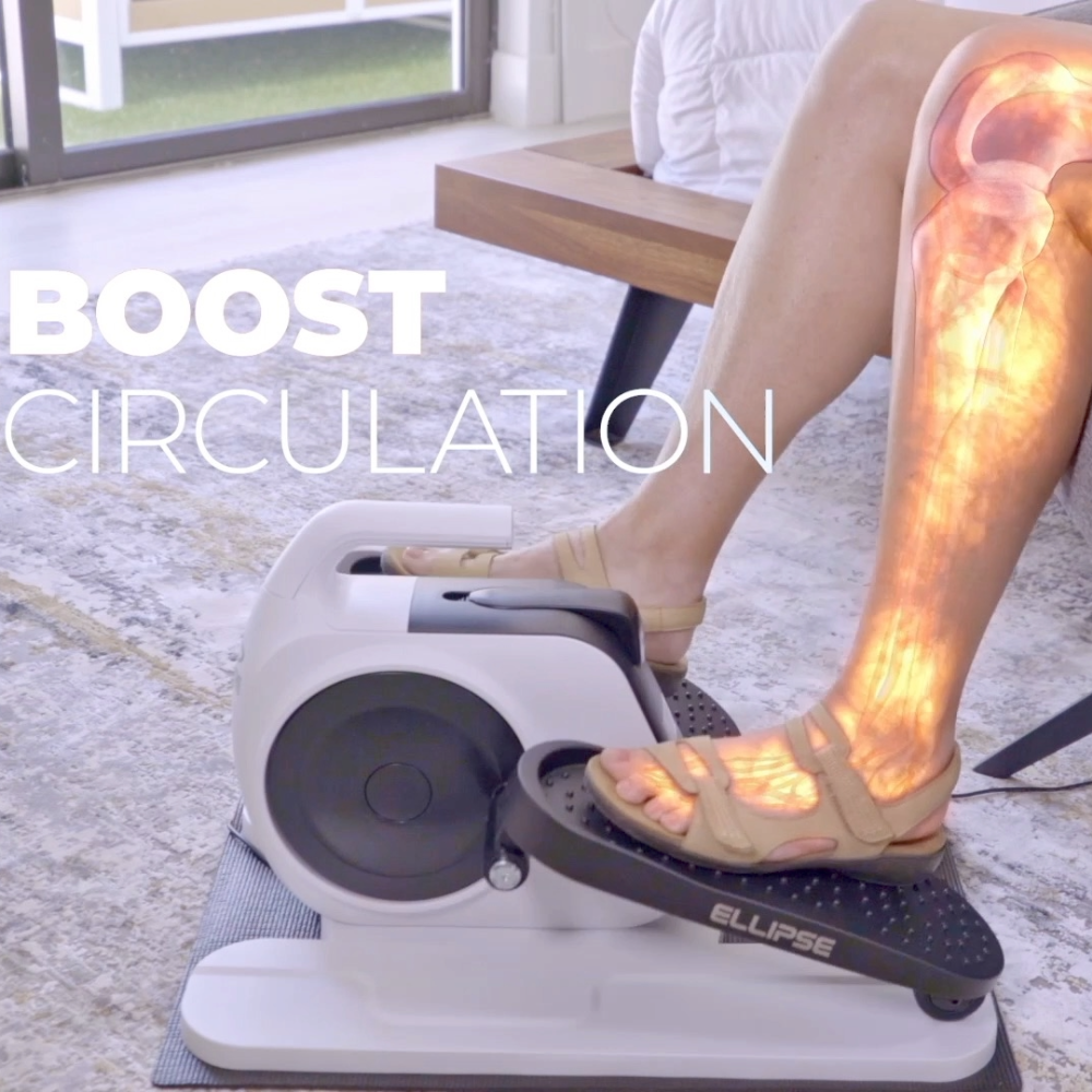 Person using a小腿提升器 with text 'Boost Circulation' on a light-colored floor.