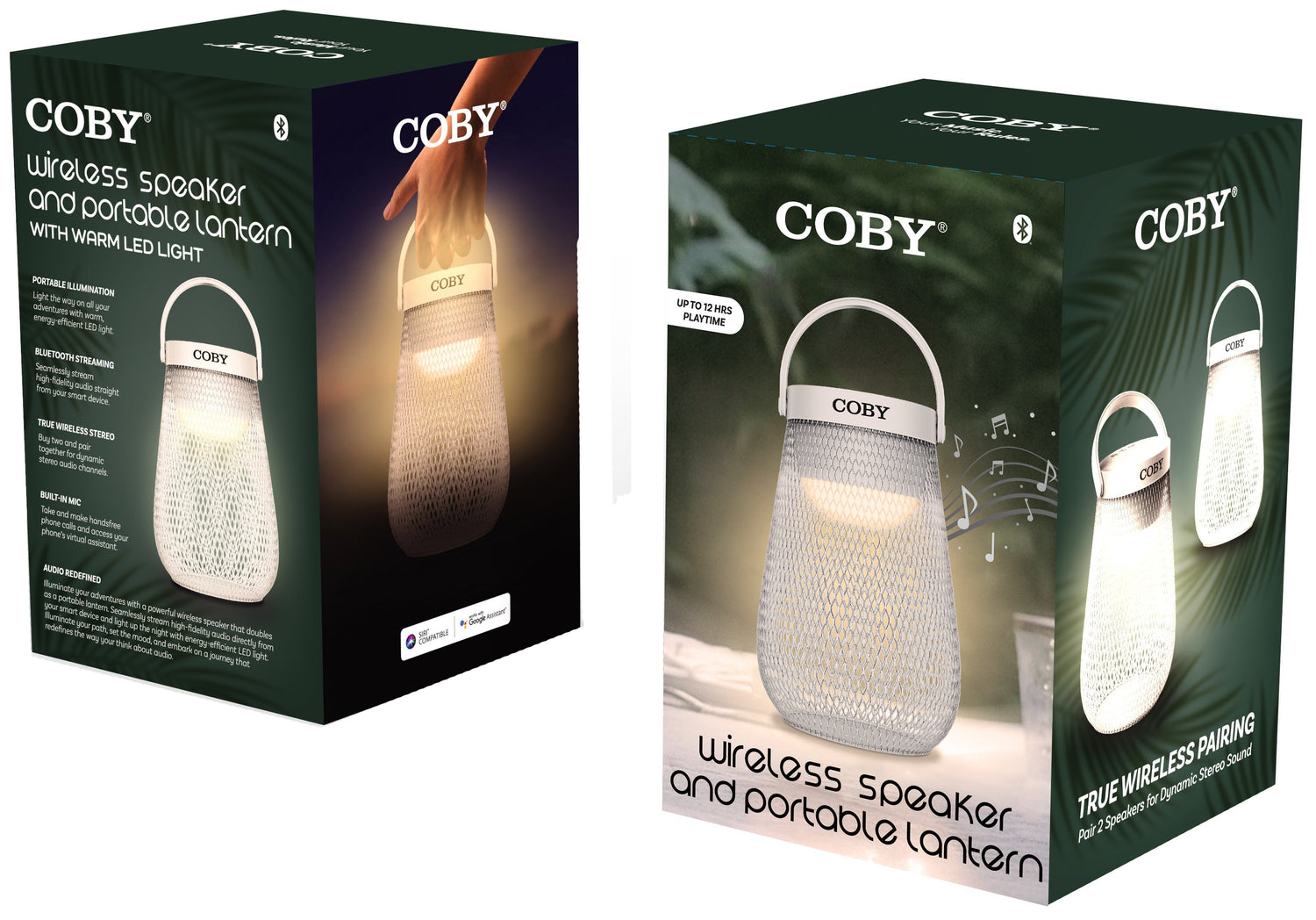 Coby wireless speaker and portable lantern packaging on a white background