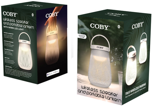 Coby lantern held by a person with a campfire and people in the background
