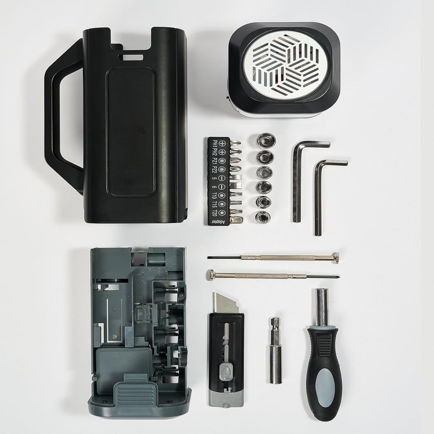 Collection of tools and components on a white background