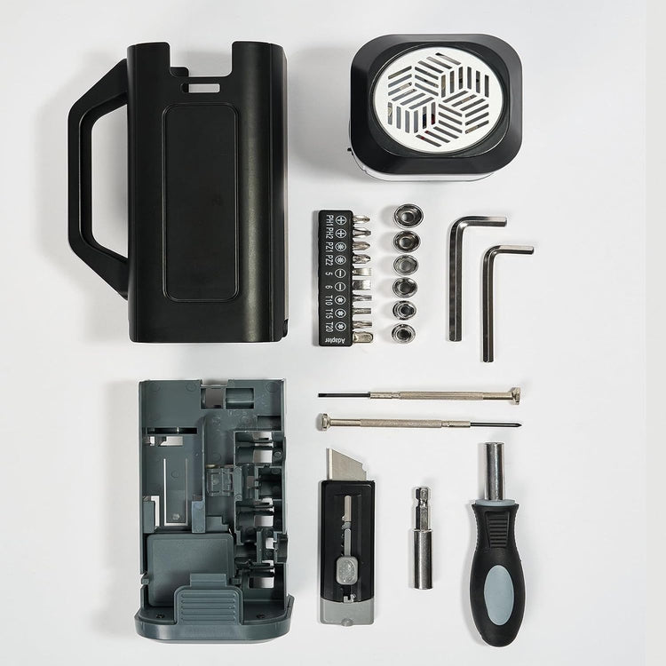 Collection of tools and components on a white background